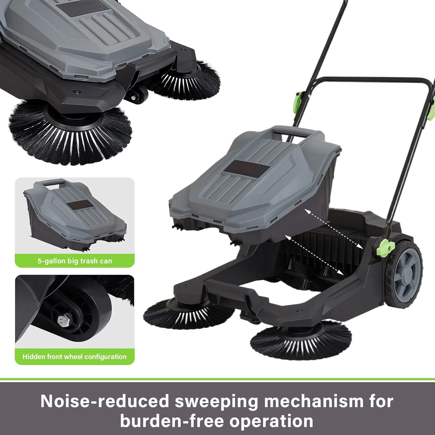Walk-behind Hand Push Floor Sweeper, 25.6" Sweeping Width Floor Sweeper Manual Non-Electric, 5-Gallon Waste Container, Angle & Height Adjustable Folding Handle for Walkway, Yard, Garage, Patio