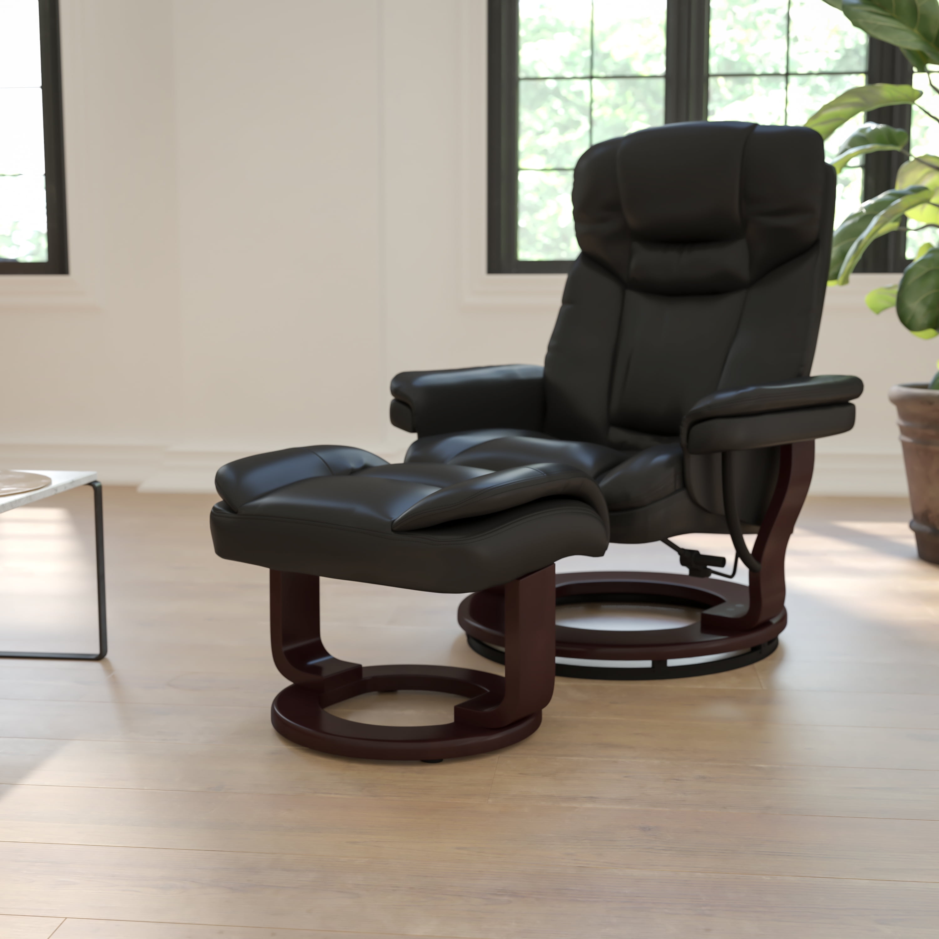 Flash Furniture Contemporary Multi-Position Recliner and Curved Ottoman with Swivel Mahogany Wood Base in Black LeatherSoft - Walmart.com