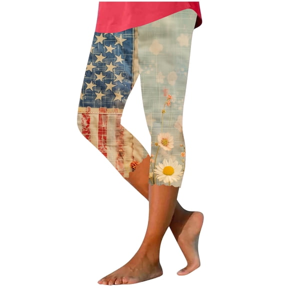 SELONE Capris Tights for Women 4th of July High Elastic Waist Leggings Summer Pants Star Stripe Outwear Multicolor L