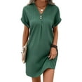 thumbnail image 3 of DYMADE Women Summer V-Neck Short Sleeve Buttons Pleated Loose Waist Casual Dress, 3 of 4