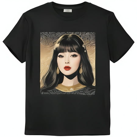 Stylish Black T-Shirt with Elegant Graphic of Woman in Gold Jewelry & Ornate Background