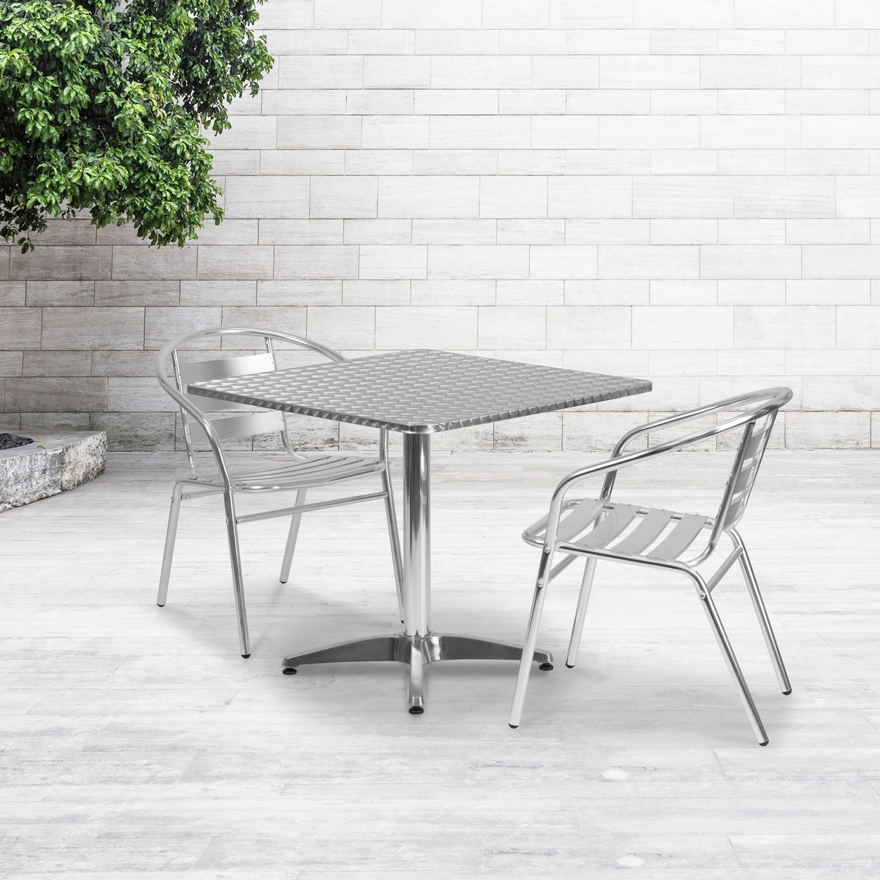 31.5'' SQUARE ALUMINUM INDOOR-OUTDOOR TABLE WITH 2 SLAT BACK CHAIRS 