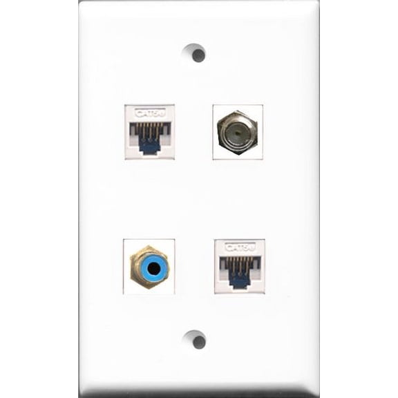 RiteAV - 1 Port RCA Blue and 1 Port Coax Cable TV- F-Type 2 Port Cat5e Ethernet White Wall Plate