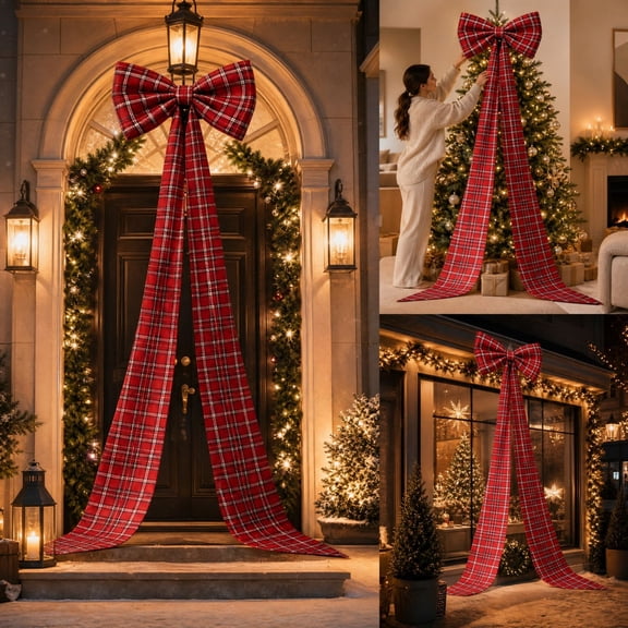 Fmbmuo Red Bow, Tartan Plaid Large Christmas Tree Topper Bow 78x15 in Giant Xmas Wreath Bows Decoration Xmas Tree Ornaments for Wreath Front Door Decor