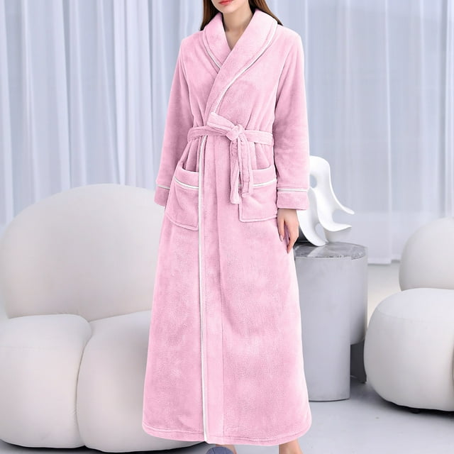 DPTALR Womens Solid Bandage Robe Bathrobe Gown Pajamas Long Sleepwear Pocket Waistband+Belts