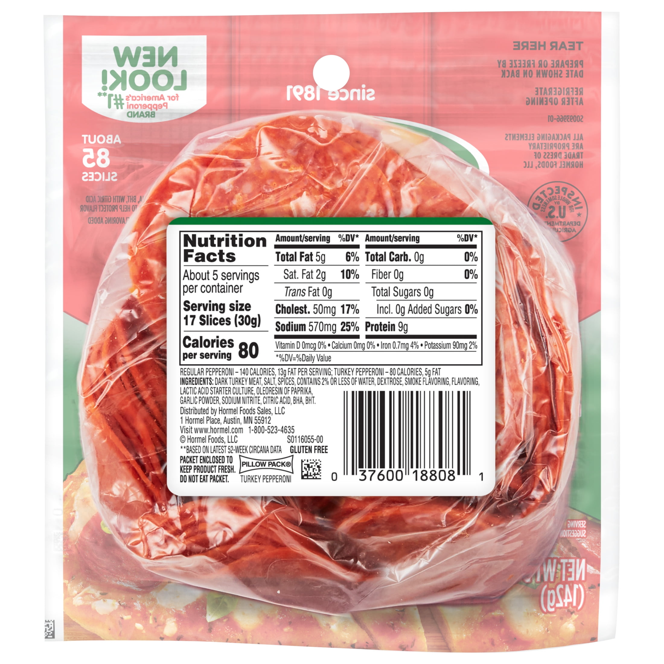 HORMEL Turkey Pepperoni Slices, Pizza Topping, Gluten Free, Original, Refrigerated, 5 oz Bag​