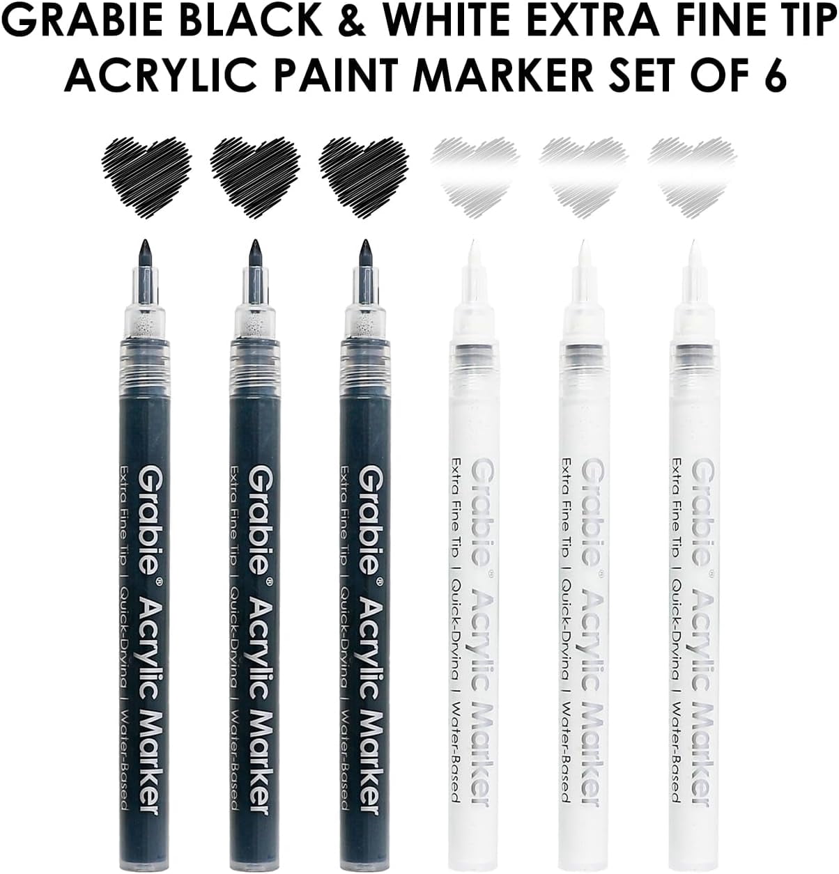 Black & White Extra Fine Tip Acrylic Paint Marker Set, 6 Pack, 0.7mm Acrylic Paint Pens for Highlights and Fine Details on Drawings, Rock Painting Glass Canvas Wood, White Highlight Markers