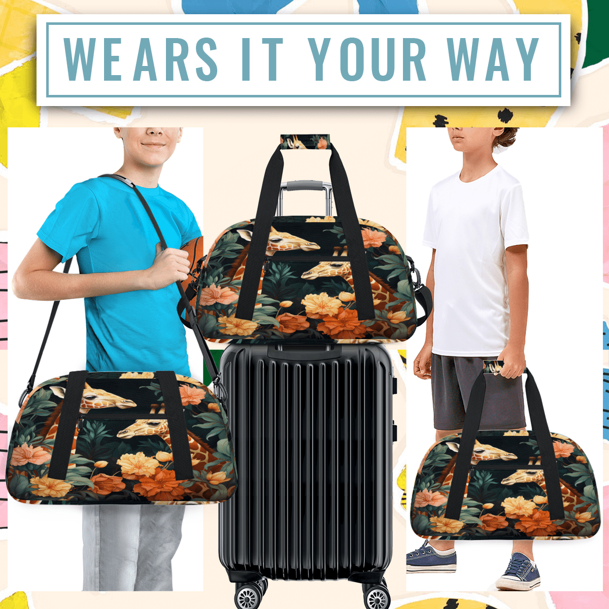 Herdesigns Giraffe Sports Duffle Bag for Women & Men, Animal Theme Gym Bag Dance Bag Overnight Bag Carry On Weekender Travel Bag
