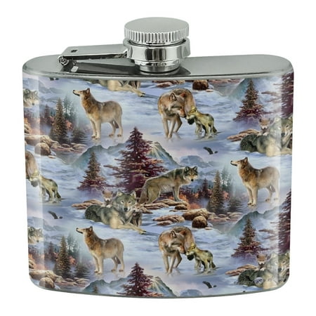 Wolf Pack Baby Wolves Snow Mountains Pattern Stainless Steel 5oz Hip Drink Kidney (Best Hip Pack For Mountain Biking)