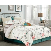 Swanson Beddings Floral Print 3-Piece 100% Cotton Bedding Set: Duvet Cover and Two Pillow Shams (Cream-Light Gray, Queen)