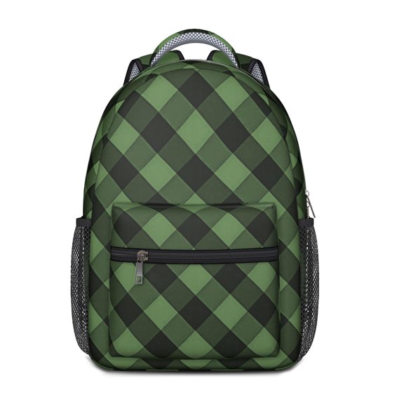 Green and Black Checkered Pattern Backpack for School, Cute School Bag with Adjustable Shoulder Straps and Padded Back, 15.3"x11"x6.7"