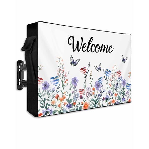 4th of July Botanical Outdoor TV Cover 48 to 50 Inch Weatherproof, Independence Day Butterfly Welcome 600D Oxford TV Covers with Waterproof Zipper, Outside Flat TV Screen Protector 48"Wx30"Hx4.5"D