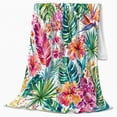 thumbnail image 2 of Pink Hibiscus with Fan Palms and Teal Leaves, Cheerful Tropical Style for Flower Lovers, Island Blossom Canopy and decorative theme Gift, Cozy Flannel Blanket for Sunroom and Bedroom, Home Decor, 2 of 9