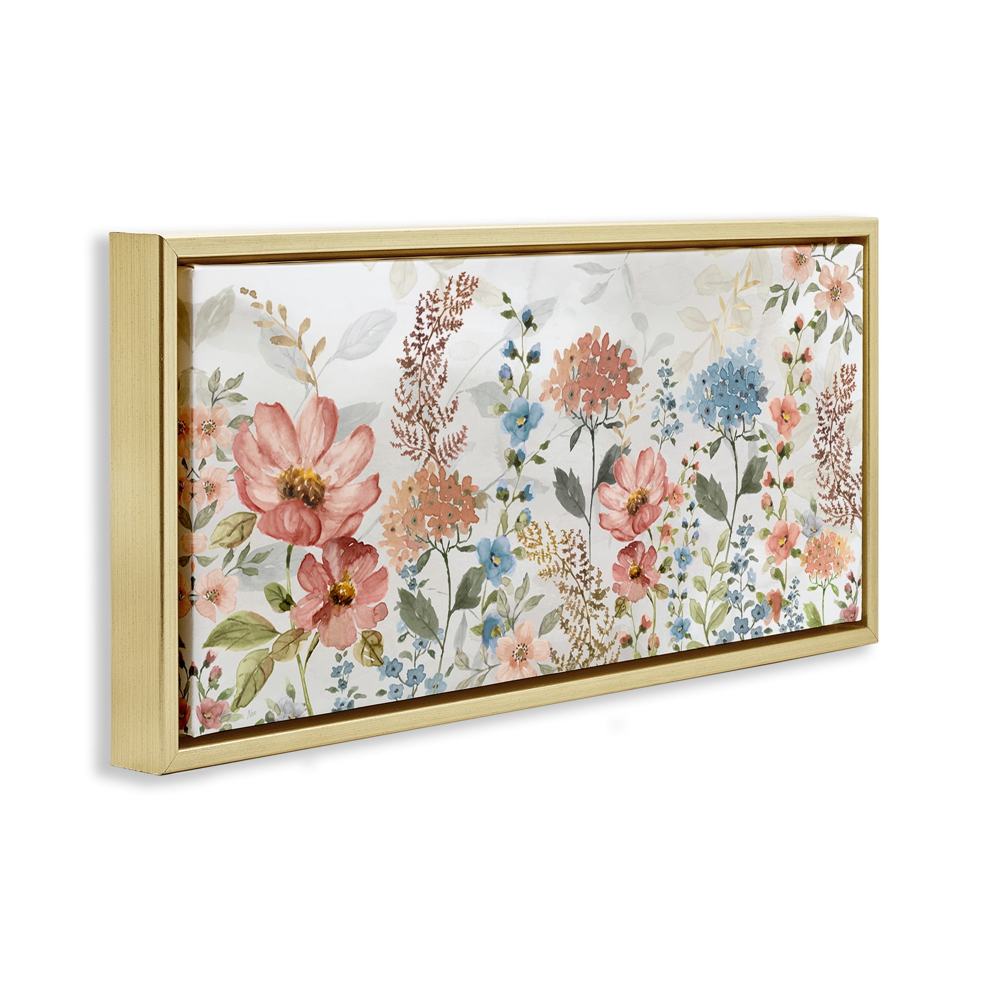 Stupell Industries Pastel Spring Florals Botanical & Floral Painting Gold Floater Framed Canvas Art Print Wall Art, 31 x 14