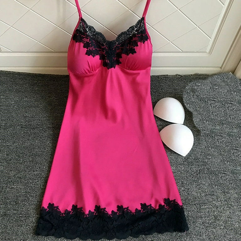 vokkrv Women's Satin Nightgown Silk Slip Dress Sleepwear Sexy V Neck Short Nightwear Hot Pink XXL, Size: 2XL