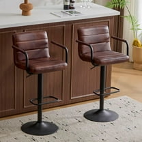 Bar Stools Set of 2, PU Leather Adjustable Height 360° Swivel Barstools with Backrest and Armrests, Counter Height Bar Chairs for Kitchen Island, Bar, Dining Room, Reddish Brown