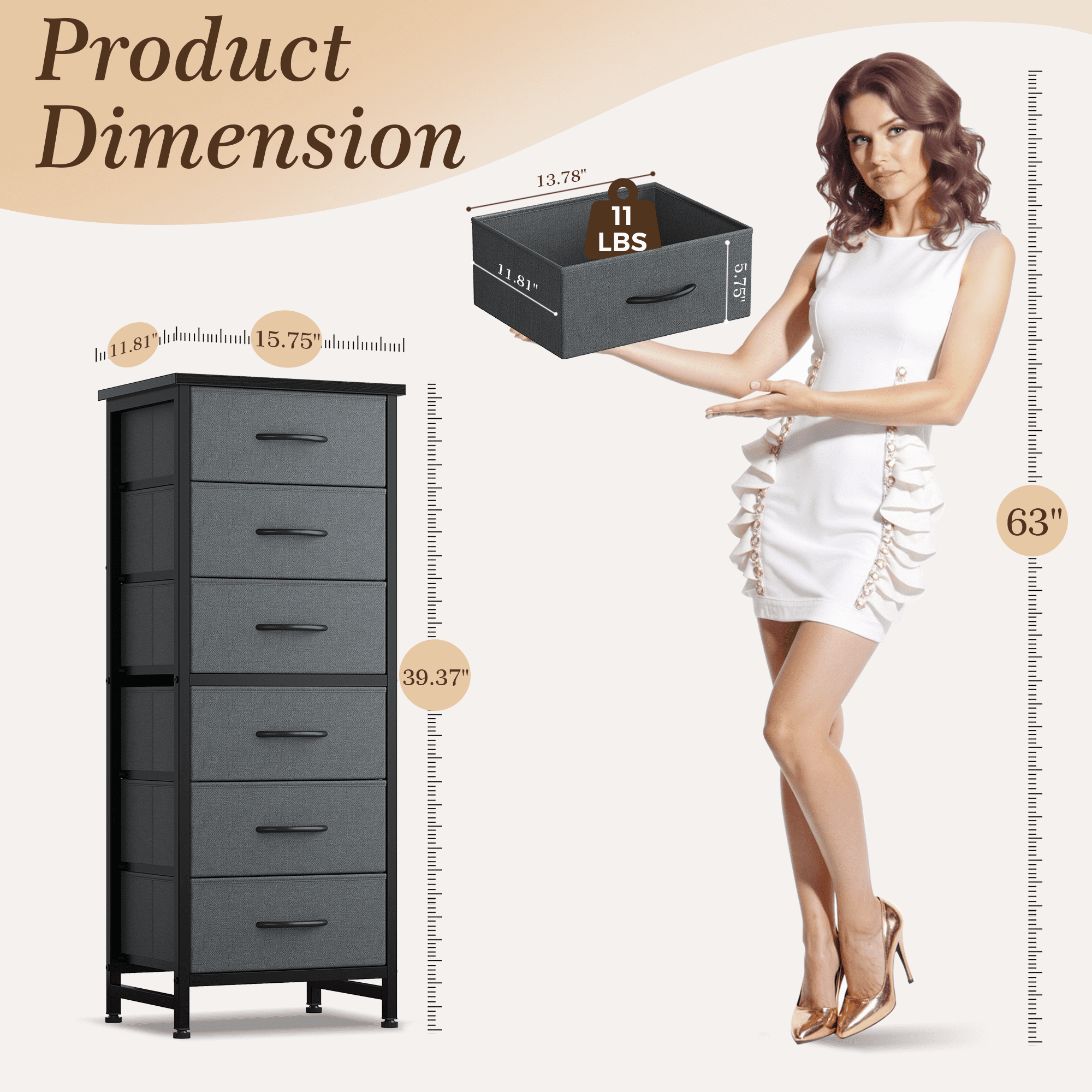 CONCETTA Tall Storage Dresser with 6 Fabric Drawers, Metal Frame with Cross Support Rods, Anti-Tip, Wood Top for Bedrooms, Offices and Compact Spaces, Gray