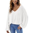 thumbnail image 1 of Blusa de corte casual con cuello en V y manga larga con cordón para mujer de moda para citas en la oficina Blanco XXL, 1 of 6