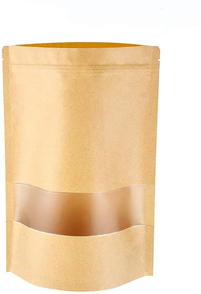 100pcs Kraft Zip Lock Stand Up Bags Pouches with Window Waterproof Paper Bag can be used as Envelope Seed bag Gift bag Jewelry bag Candy box 9*14cm, 100pcs