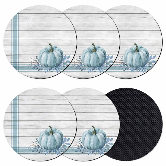 Blue Pumpkin Coasters Set of 6, Absorbent Coasters for Drinks, Thanksgiving Fall Leaf Country Farm Stripe Coaster for Desk Coffee Table Protection, Home Decor House Warming Gifts 4"