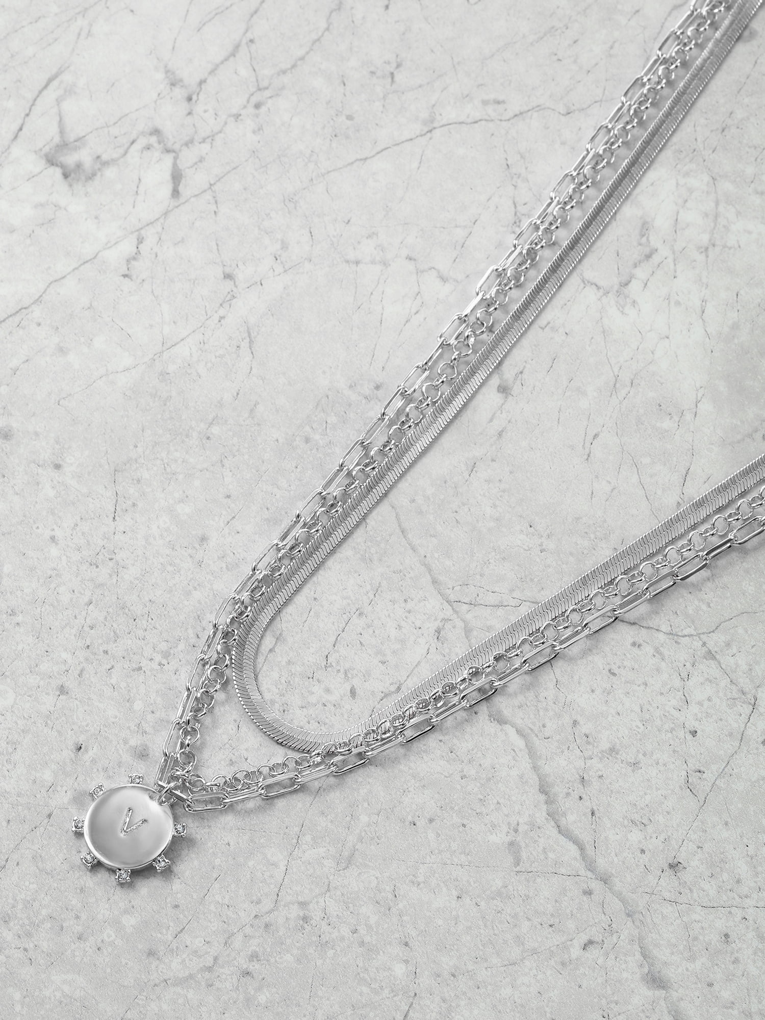 Time and Tru Silvertone Necklace, 3 Piece, Initial V