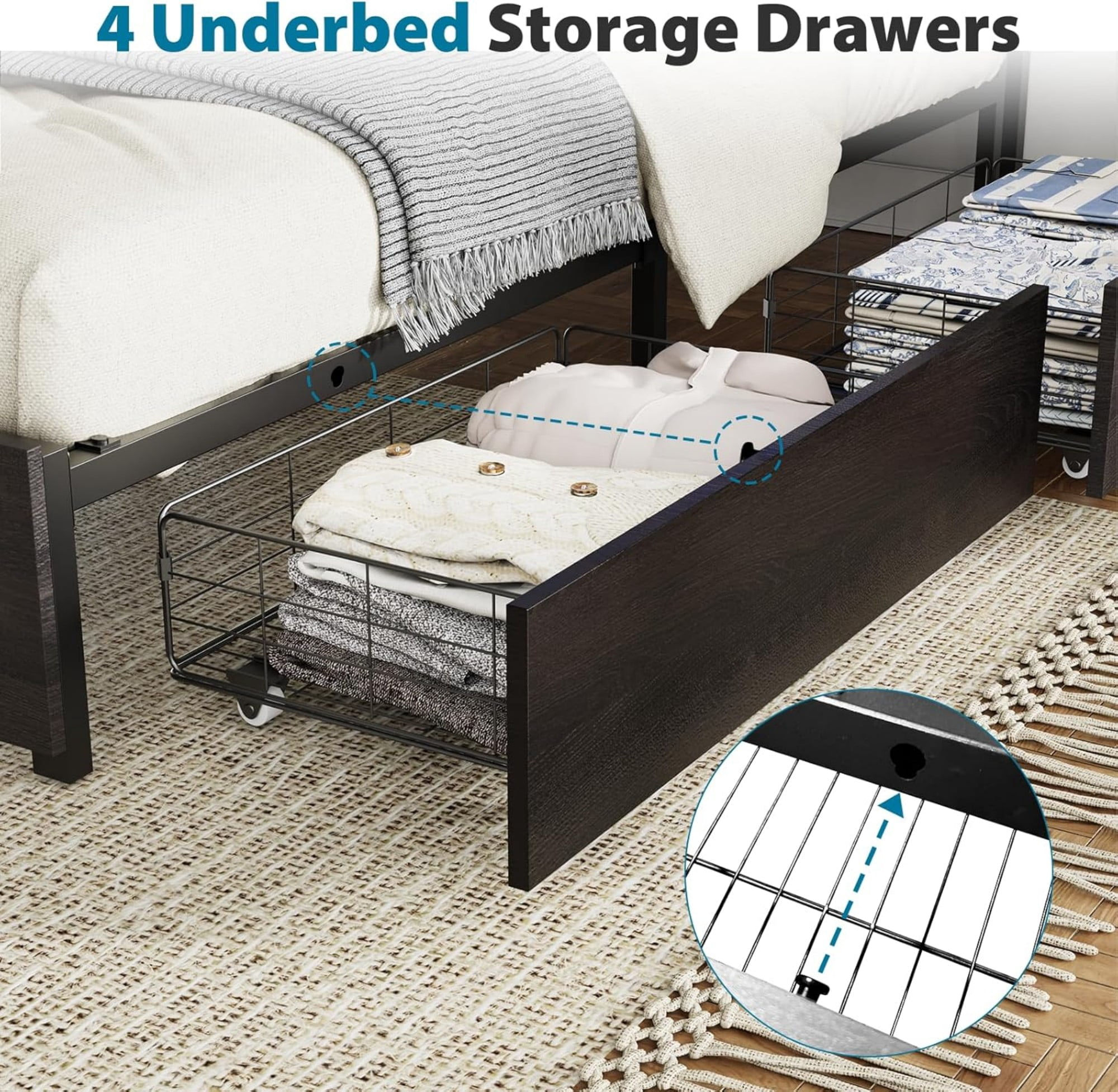 AENKYO King Size Bed Frame with LED Lights, Storage Headboard & 4 Drawers, Built-in Charging Station, Antique Black
