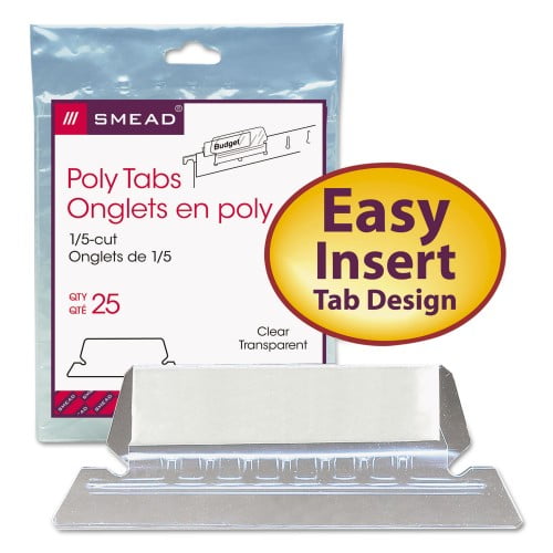 New Smead Poly Index Tabs and Inserts For Hanging File Folders, 1/5-Cut Tabs, White/Clear, 2.25' Wide, 25/Pack,Each