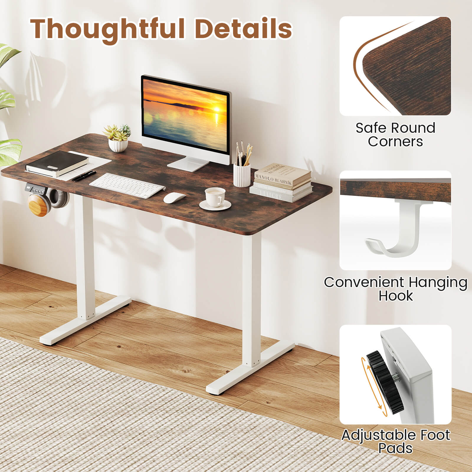 Costway 48” x 24” Electric Standing Desk with LED Display 2 Memory Height Settings for Home Rustic Brown+White