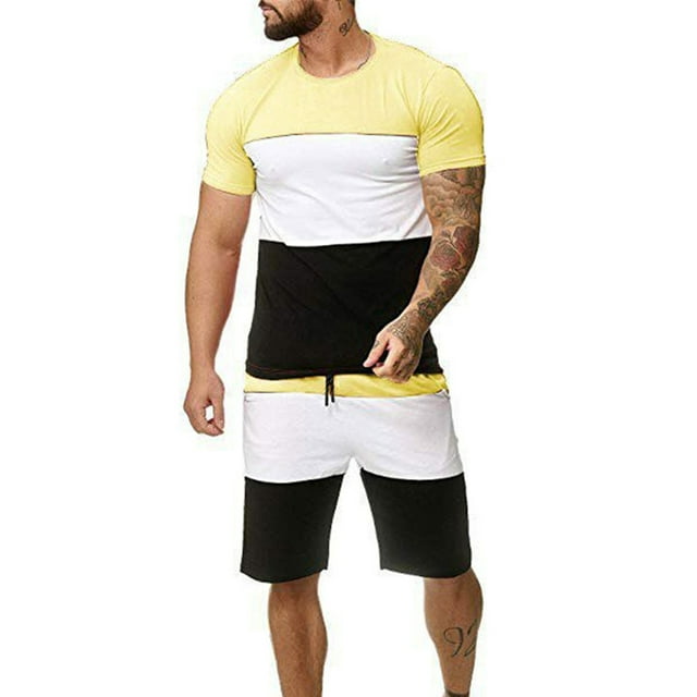 Txlixc Traje de hombre, camiseta de cuello redondo de manga corta + pantalones cortos de cintura de cuerda Txlixc moda