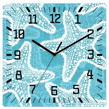 Wall Clock Turquoise Coastal Starfish Operated Square Clocks Wooden Silent Non-Ticking Wallclock 12 Inch Ocean Marine Life Wood Wall Clock for Living Room Bedroom Office Shool Home Decor