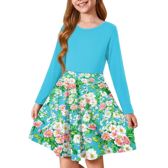 Abcomgle Girl's Fall Casual Dress Casual A-Line Long Sleeve Tshirt Dress Daisy Floral Print Crew Neck Girls Skater Dress Swing Dresses for 4-14t Kids 13-14 Years,Cyan