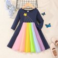 thumbnail image 2 of Cathalem Longues Robe Fille à Manches, Ourlet Haut-Bas, Volants, Maille Contrastante, Mignonne, Robe de Printemps pour Filles, Bleu 5 Ans, 2 of 5