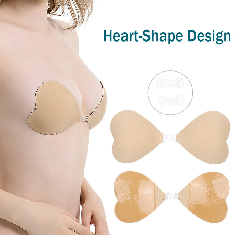 SAYFUT Women's Push Up Strapless Backless Bra Reusable Self Adhesive Invisible  Silicone Sticky Bra Heart Shape Nipple Covers with Two Buckles, Black/ Skin  