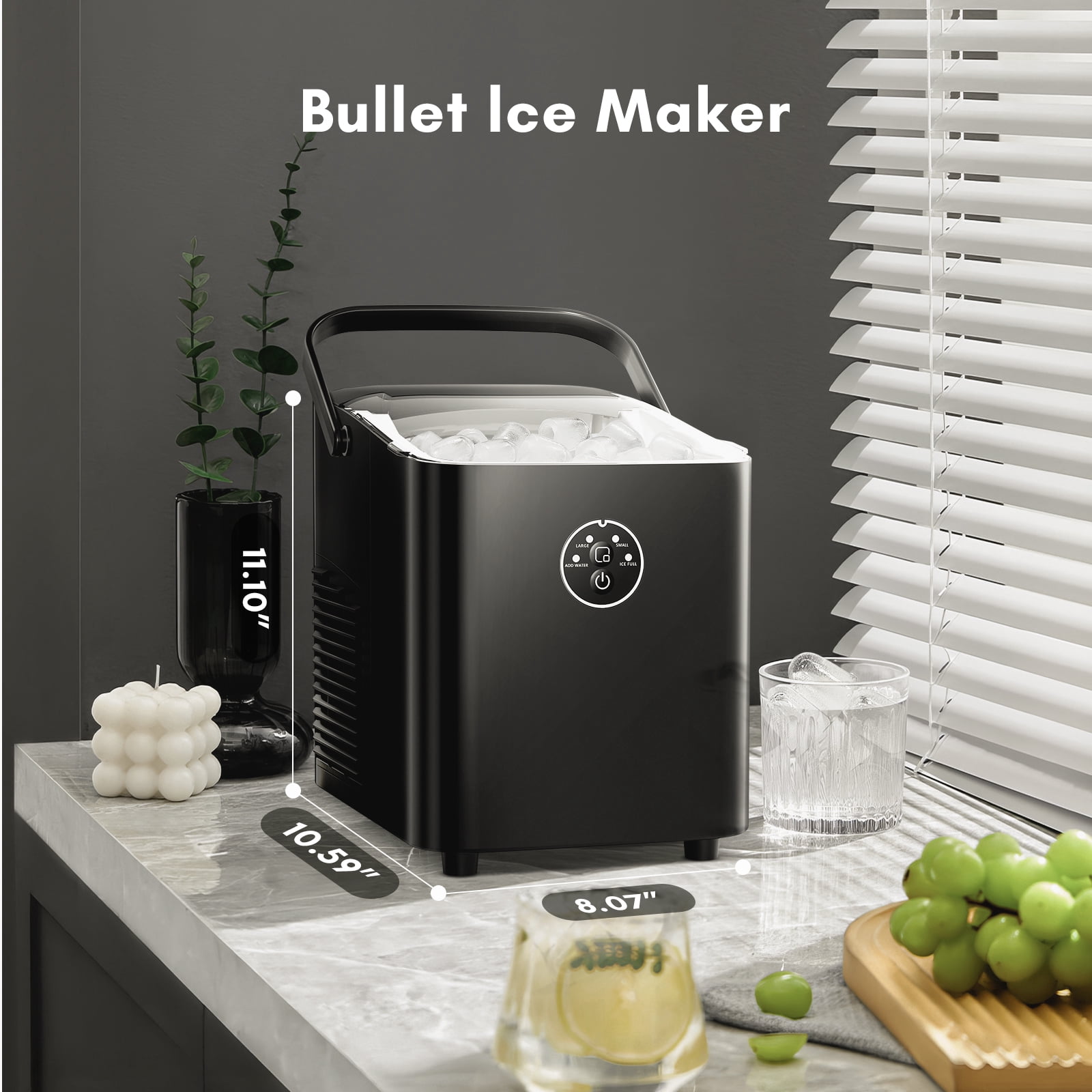 LHRIVER Countertop Ice Maker, Portable Ice Maker Machine with Handle, 26lbs/24H, 8 Bullet Ice Cubes/9 Mins, S/L 2 Size Ice Cube, Self-Cleaning for Home/Kitchen/Office/Party, Black