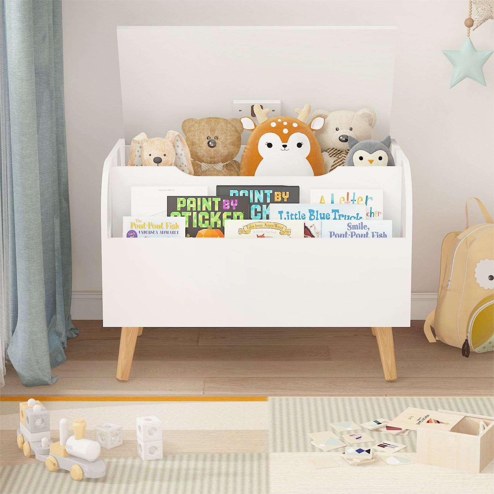 Bianlte Wooden Toy Box,Kids Toy Storage Organizer with Front Bookshelf,Toy Chest Bench,White 02