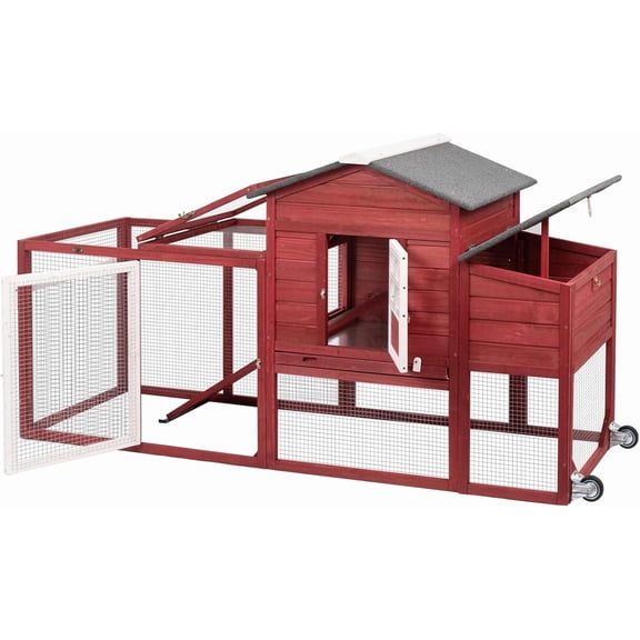 Petsblublu 79" L Chicken Coop with Run Outdoor Indoor Mobile Hen House with Nesting Boxes, Wheels, Red