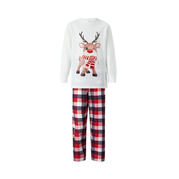 Gureui Family Matching Christmas Pajamas Outfits, Long Sleeve Elk Printed Tops + Elastic Plaid Pants/Romper Sets