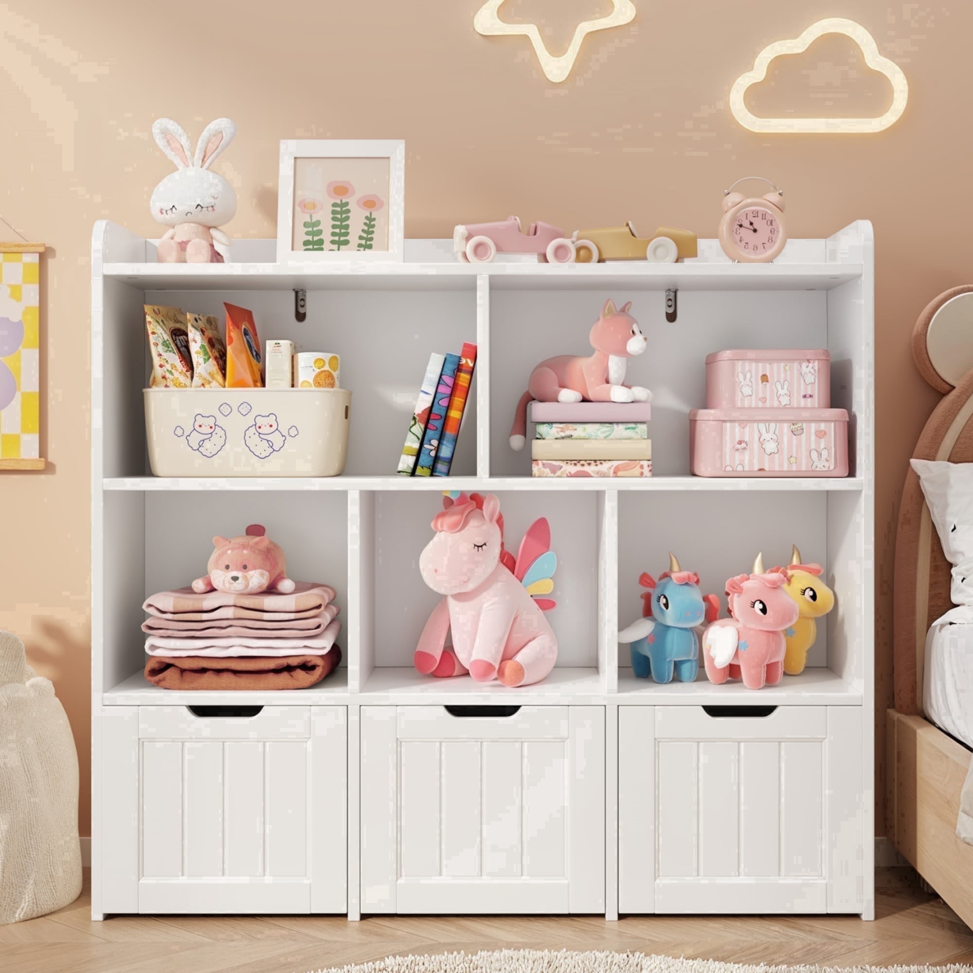 Kids Toy Storage Cabinet with 3 Movable Drawers and Bookshef, Noelse Nursery Playroom Storage Furniture Toy Box with bookshelf for Kids Room Organizer, White