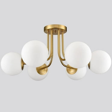 Modern Brushed Brass Gold 6-Light Ceiling Light with Globe White Glass Shade