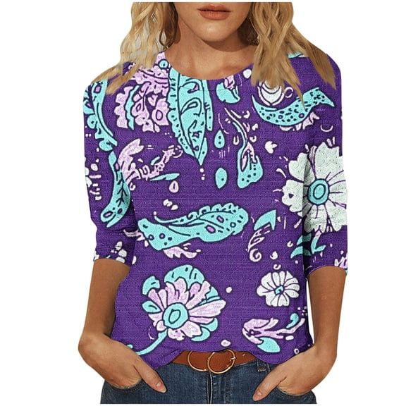 Zwiiyzr Women's T-Shirt 3/4 Short Sleeve Loose Elastic Printing Blouse Q-Purple (M)