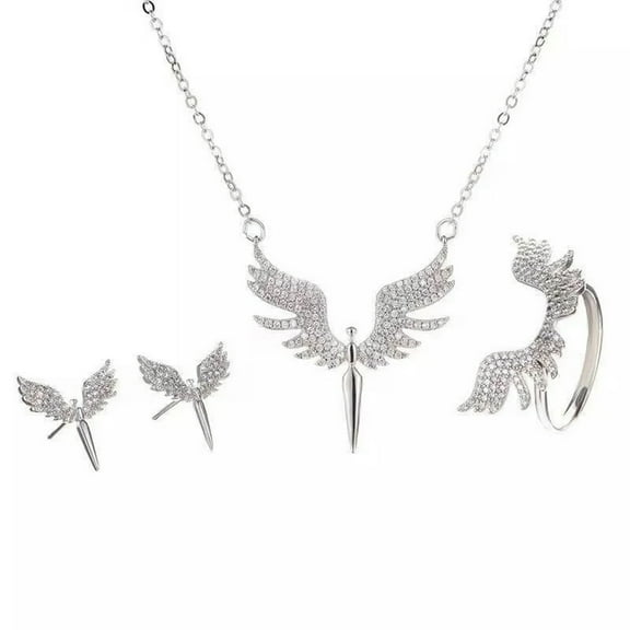 HOOUN 925 Silver Plated Angel Wing Necklace Earring Ring Love Heart Jewelry Set Gift