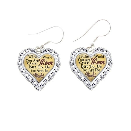 Mom You Are The World To Us Silver Hook Wire Earrings Heart Jewelry
