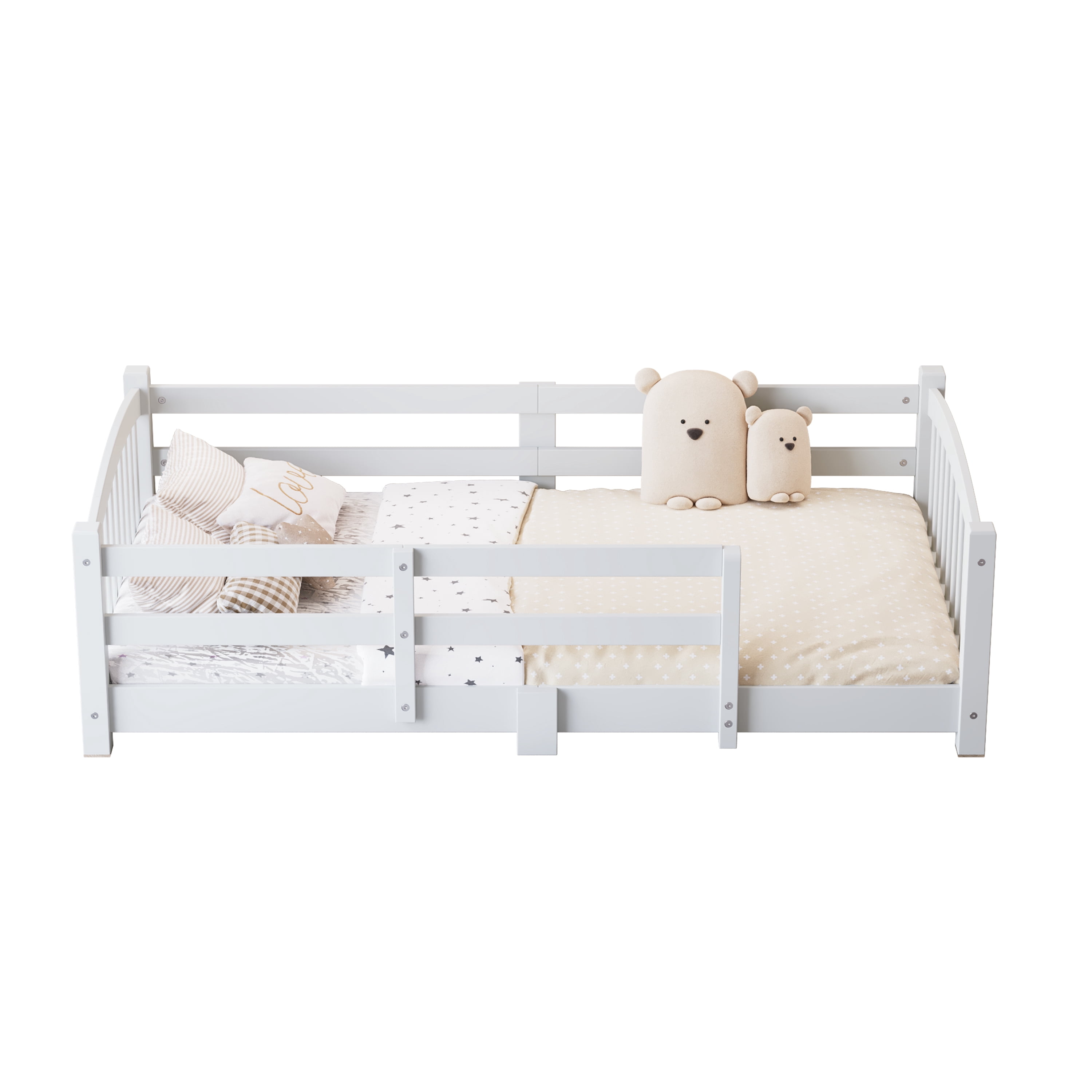 MODERNLUXE Twin Floor Bed with Slats and Safety Guardrails, Montessori Floor Bed with Fence and 1 Opening,Solid Wood Twin Size Bed Frame for Girls and Boys, White