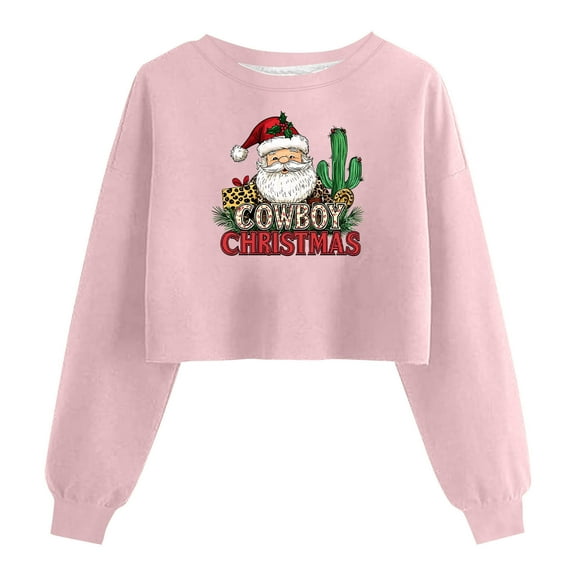 Womens Christmas Cropped Sweatshirts Crewneck Long Sleeve Pink Sweatshirts Ugly Xmas Holiday Gift Festival Outfits, XXL Pink