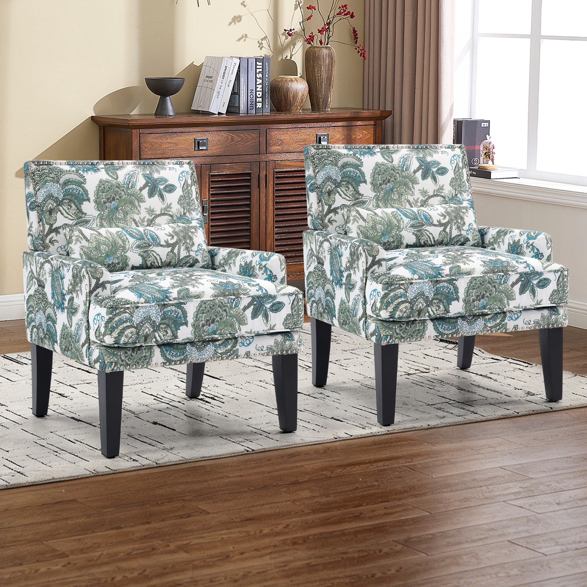 Bonzy Home Modern Floral Print Accent Chair with Arms and Wooden Legs, 2-Pack Mid‑Century High‑Back Wing Chair with Padded Armrests & Cushioned Seat for Living Room, Blue Green Floral