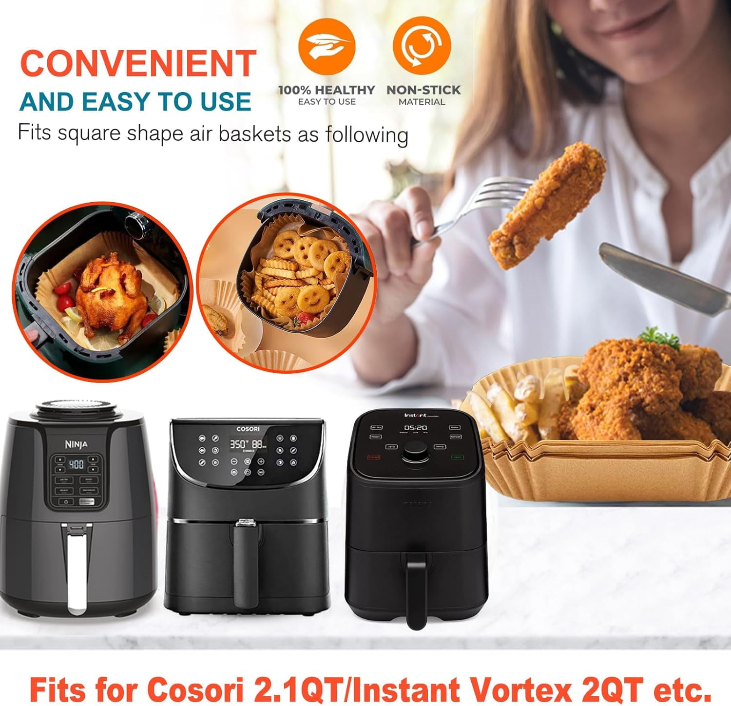 125-Count Square Air Fryer Paper Liners - 9 Inch Large Size, Non-Stick, Unbleached, for 5-8 QT Air Fryers, Baking, Frying