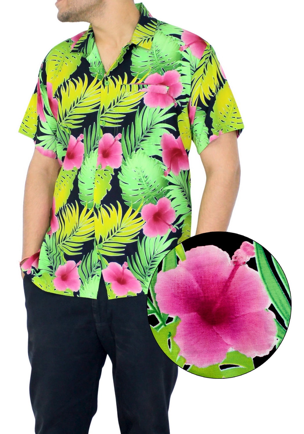 EELa Mens Short Sleeve Printed Floral Flower Casual Button Down Shirt Summer Hawaiian M