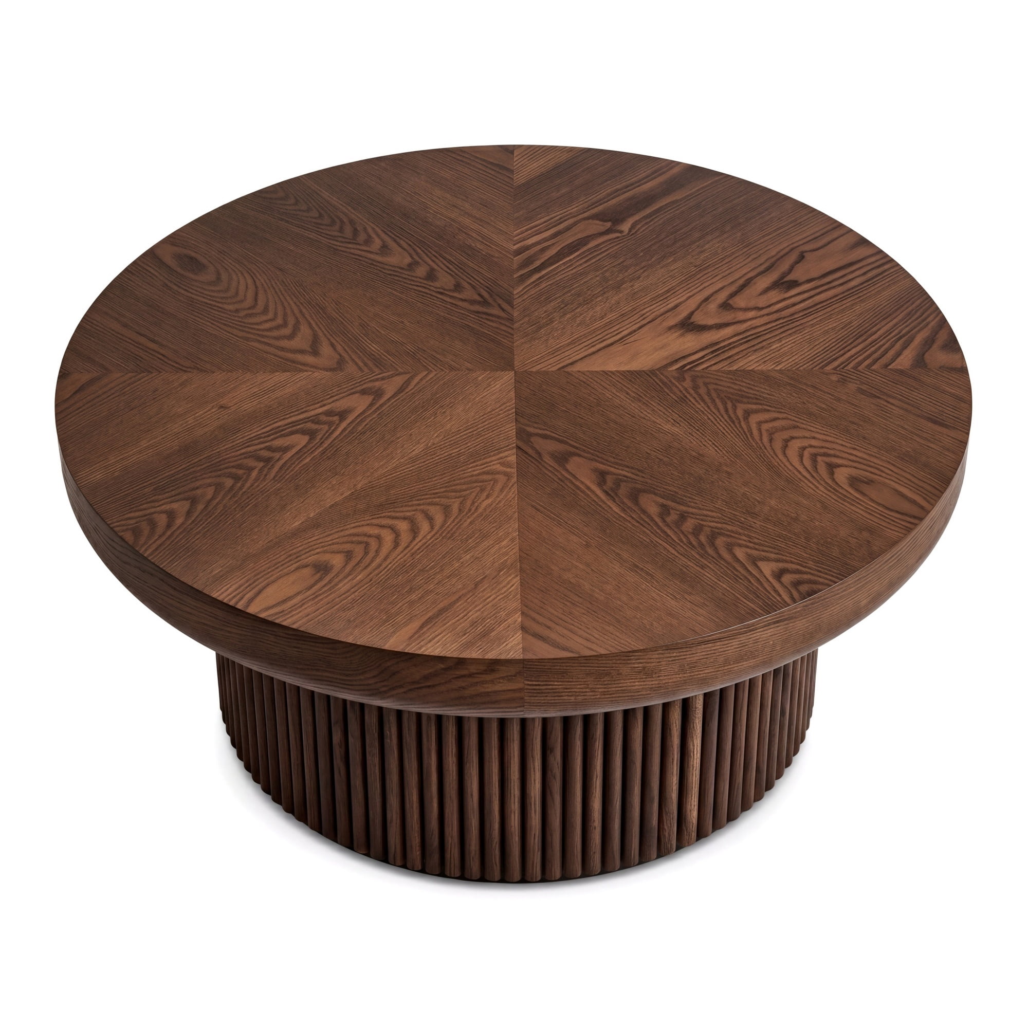 33.46'' Round Coffee Table with Fluted Cylindrical Base, Ash Wood End Table with Thickened Tabletop, Modern Cocktail Table