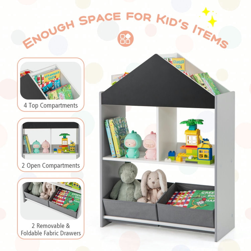 Topcobe Playhouse Kids Bookshelf with Chalkboard and Whiteboard for 3-6 Years, Kids Furniture for Living Room Bedroom-Gray