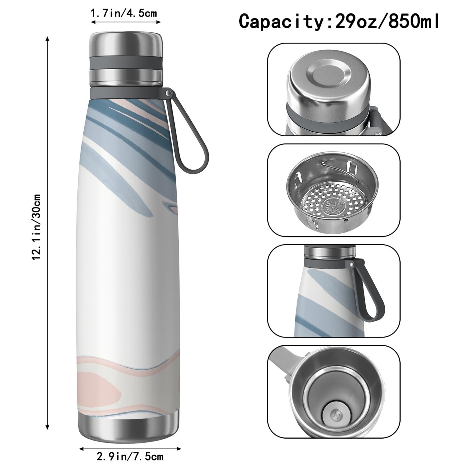29oz Insulated Water Bottle with Tea Infuser, Stainless Steel Travel Mug, Liquid & Marble Print